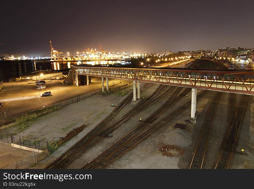 Lonely train yard by the busy docks