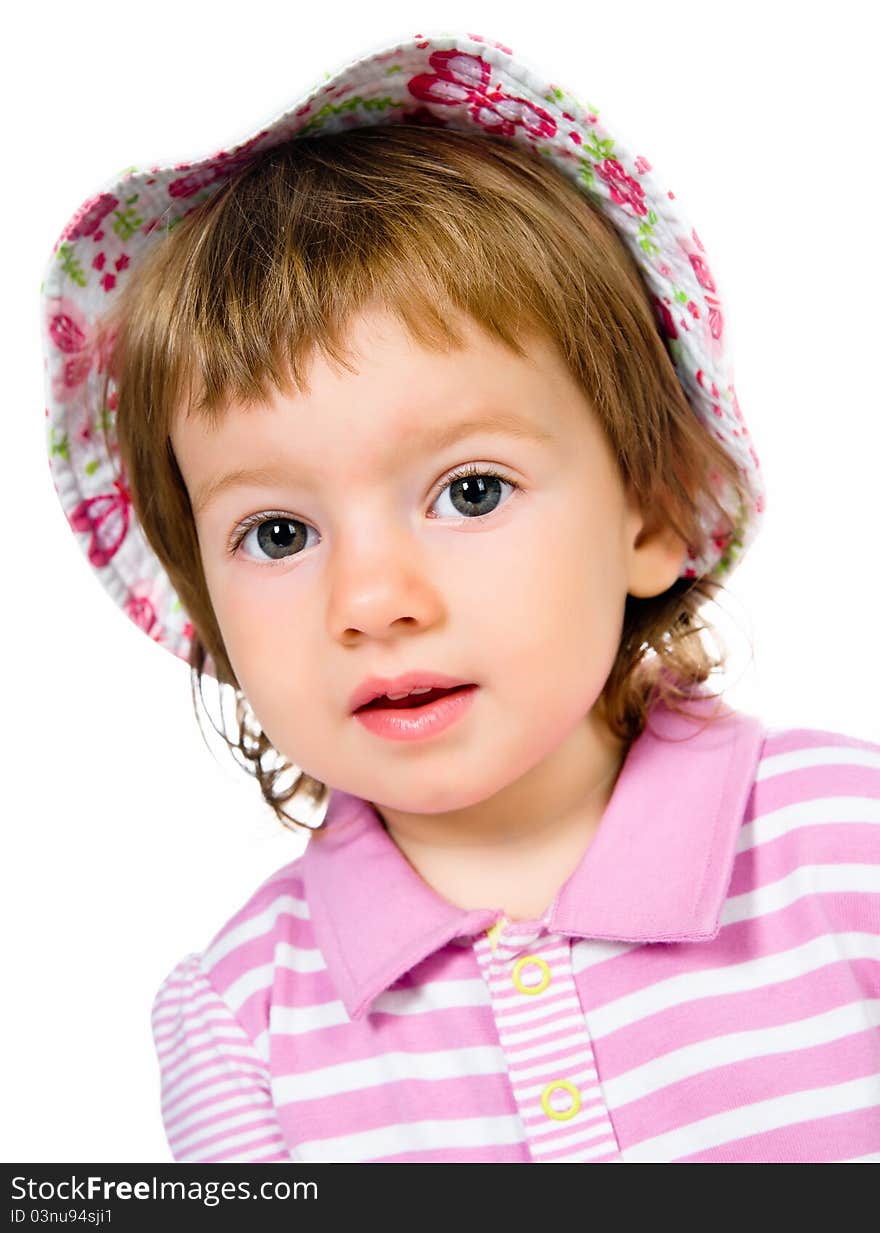 Cute little girl close-up on white background