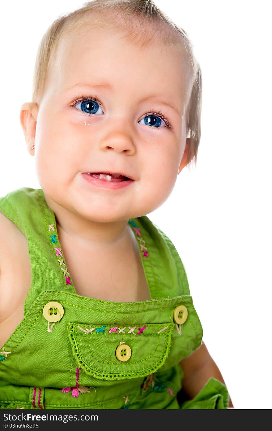 Cute little girl close-up on white background