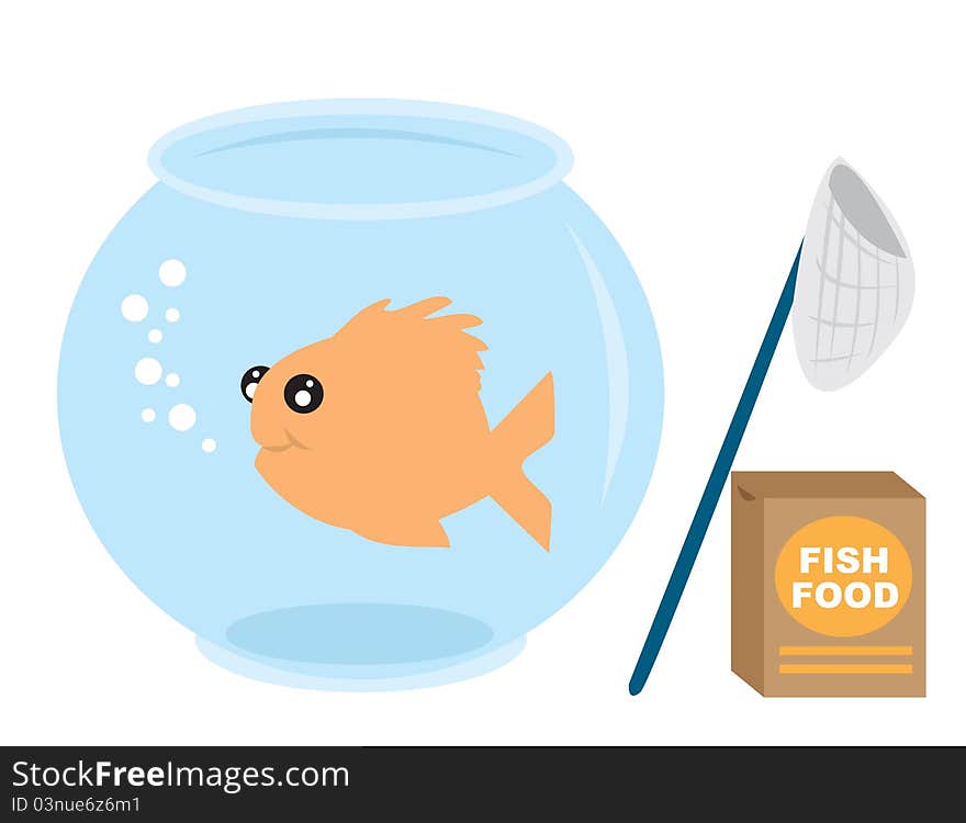 Goldfish with fish food and net. Goldfish with fish food and net.