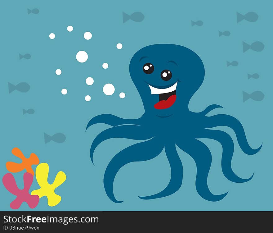 Octopus smiling with bubbles and fish in the background. Octopus smiling with bubbles and fish in the background.