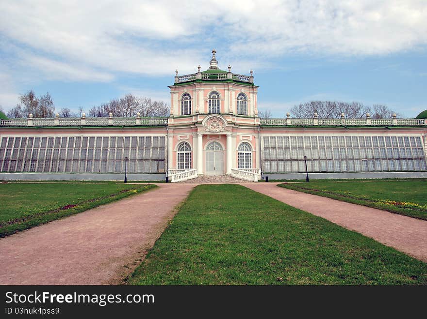 The facade of the palace-hall with conservatory in the Russian baroque style. The facade of the palace-hall with conservatory in the Russian baroque style.