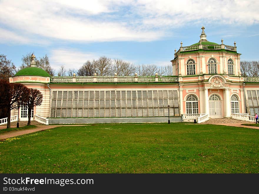 The facade of the palace-hall with conservatory in the Russian baroque style. The facade of the palace-hall with conservatory in the Russian baroque style.