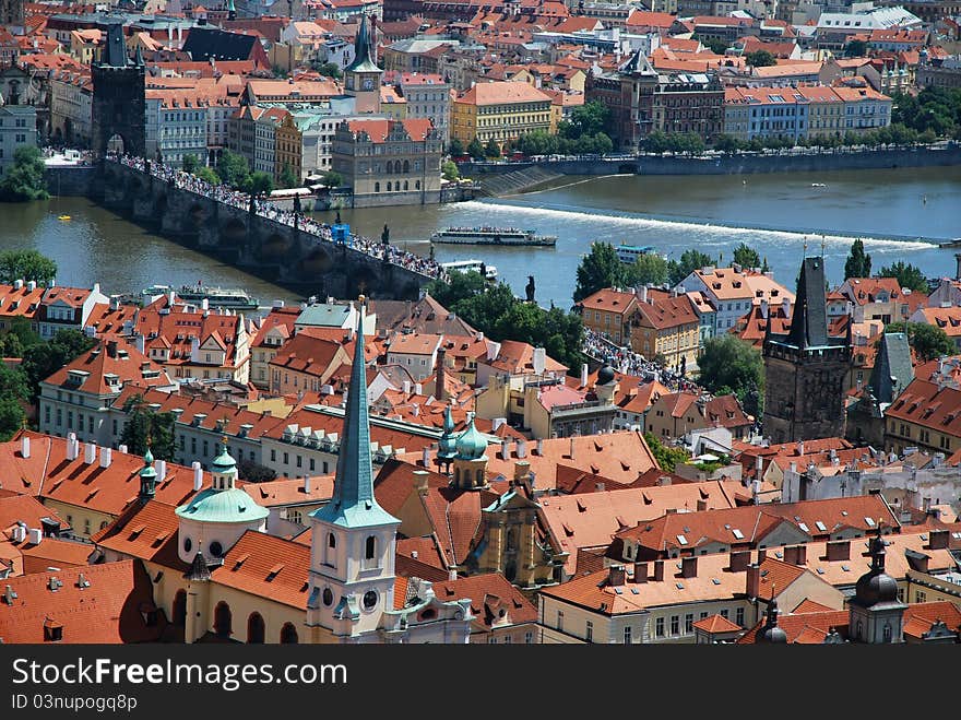 Aerial view of Charles bridge in Prague