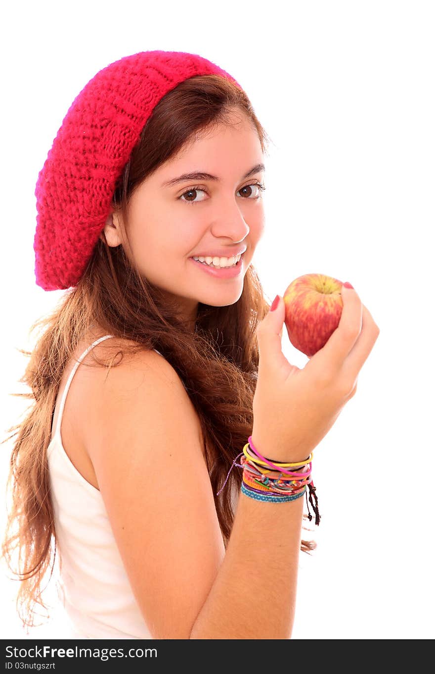 Young woman smiling with red apple with red hat isolated over white background. Young woman smiling with red apple with red hat isolated over white background