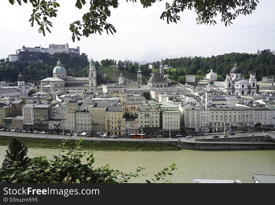 The historic city of Salzburg with the castle in the background. The historic city of Salzburg with the castle in the background