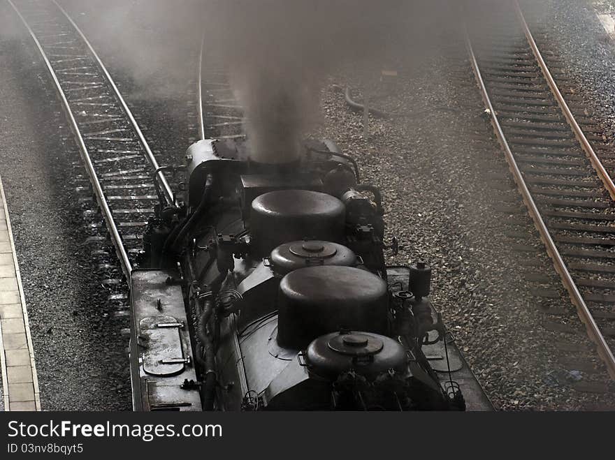 Close-up steam train from above. Leaving Wernigerode station towards Brocken in Harz, Germany.