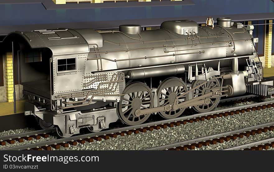 Computer image, 3D locomotive,railroad station and rails