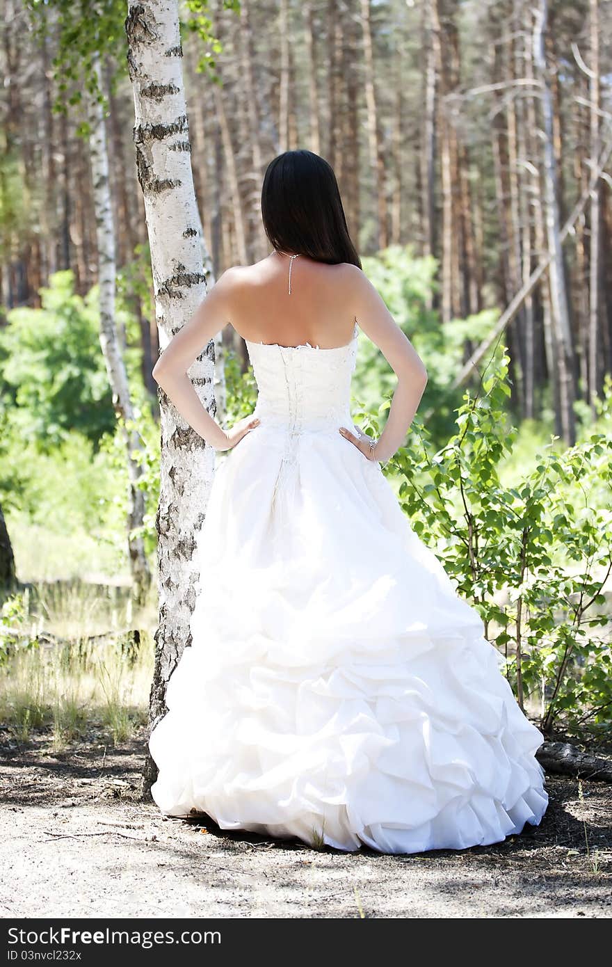 Bride with dark-brown hair posing in forest