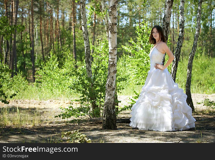 Bride with dark-brown hair posing in forest