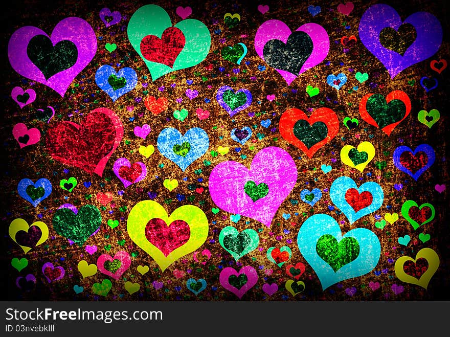 Grunge background with colorful hearts