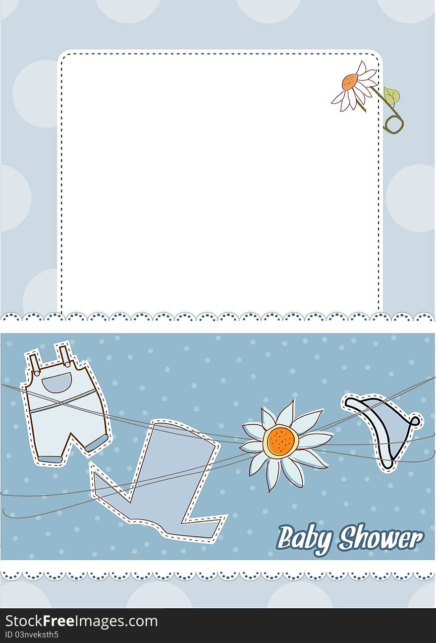 Baby announcement card with clothing and flowers. Baby announcement card with clothing and flowers