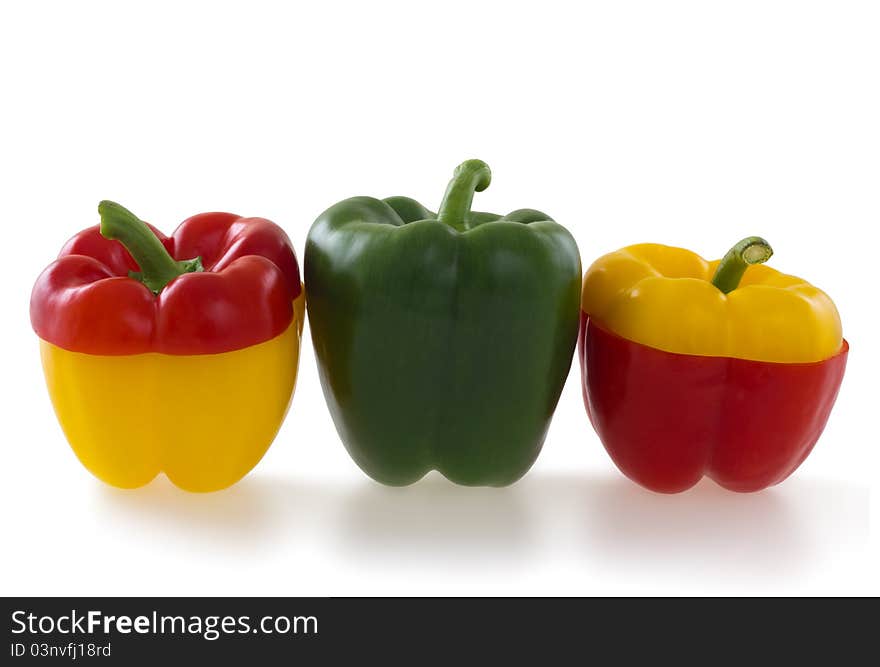 Three colorful bell pepper, on white background. Three colorful bell pepper, on white background