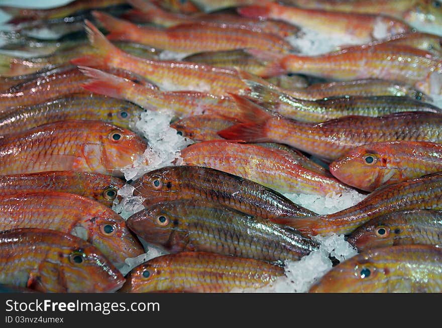 Baskets of surmullet fish for sale in a wet market