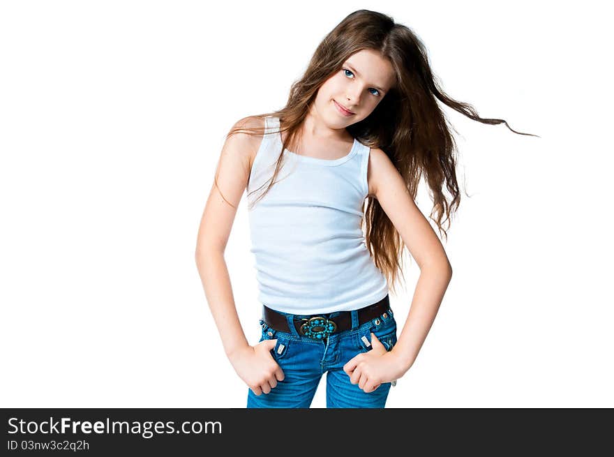 Cute little girl in studio on white background