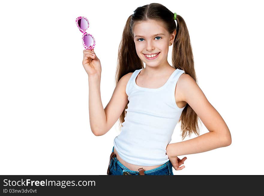 Cute girl with pink sunglasses isolated on white background