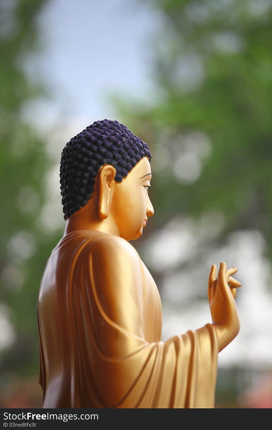 Chinese budha statue in the stand position shallow depth of field