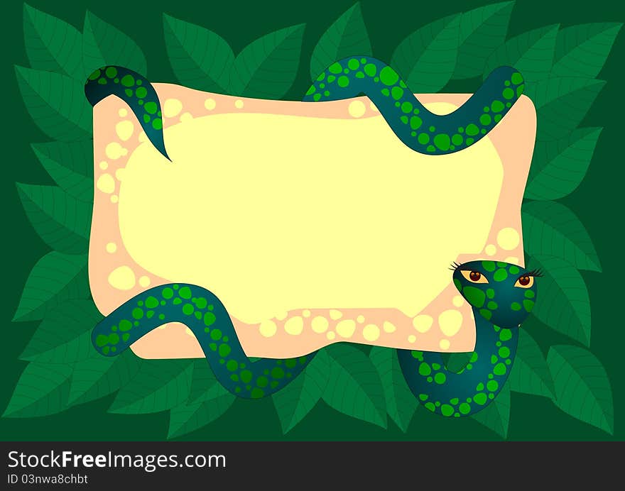 Cartoon style background with a snake against leaves. Cartoon style background with a snake against leaves