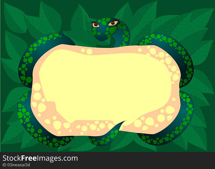 Cartoon style background with a snake against leaves. Cartoon style background with a snake against leaves