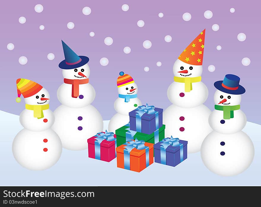 Five snowmen with presents