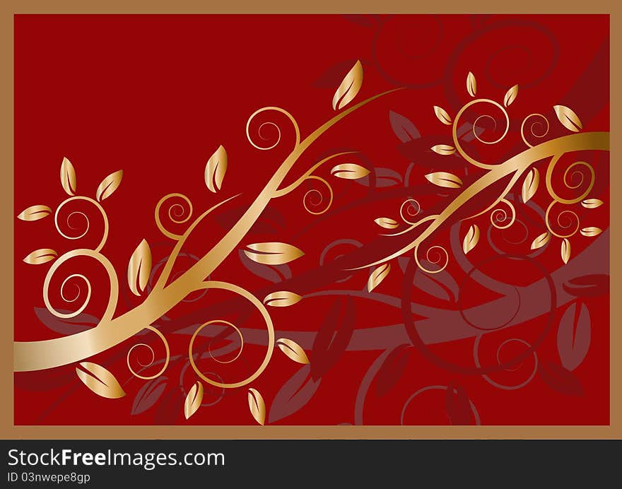 Golden floral ornament on a dark red background. Golden floral ornament on a dark red background