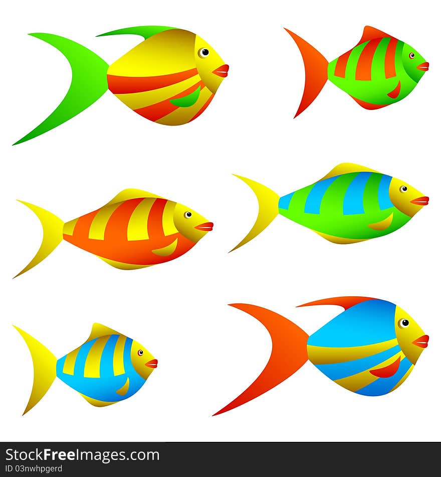 Multicolored small fishes on a white background. Multicolored small fishes on a white background.