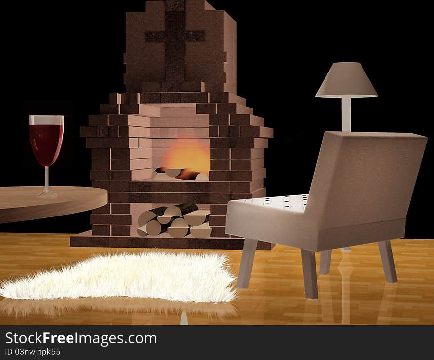 Modern living room with a fireplace, red wine on table