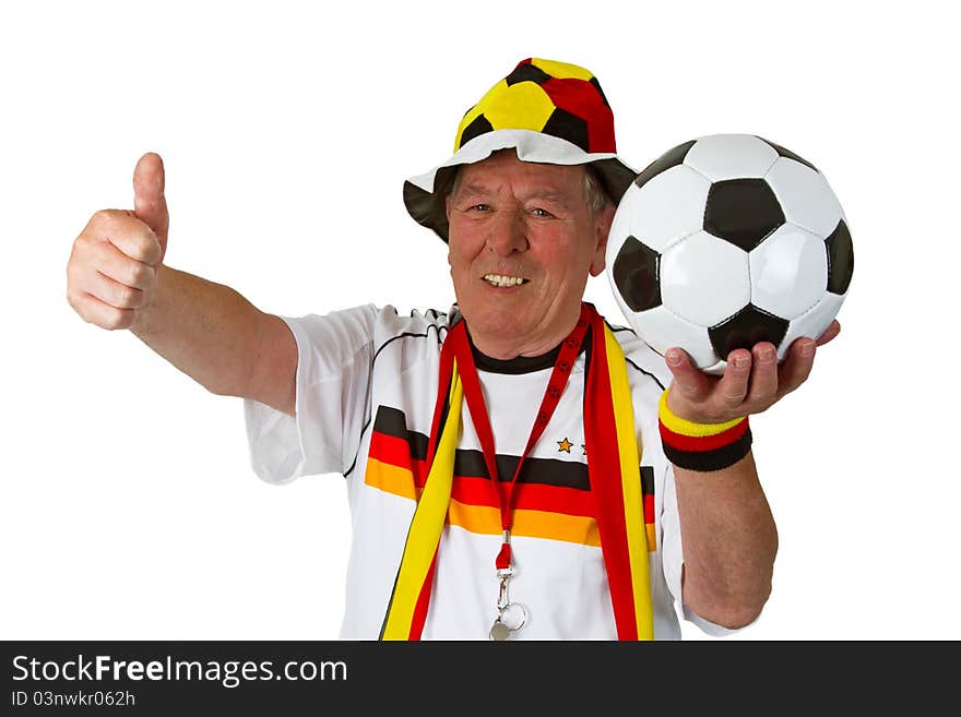 Senior soccer fan isolated on white background