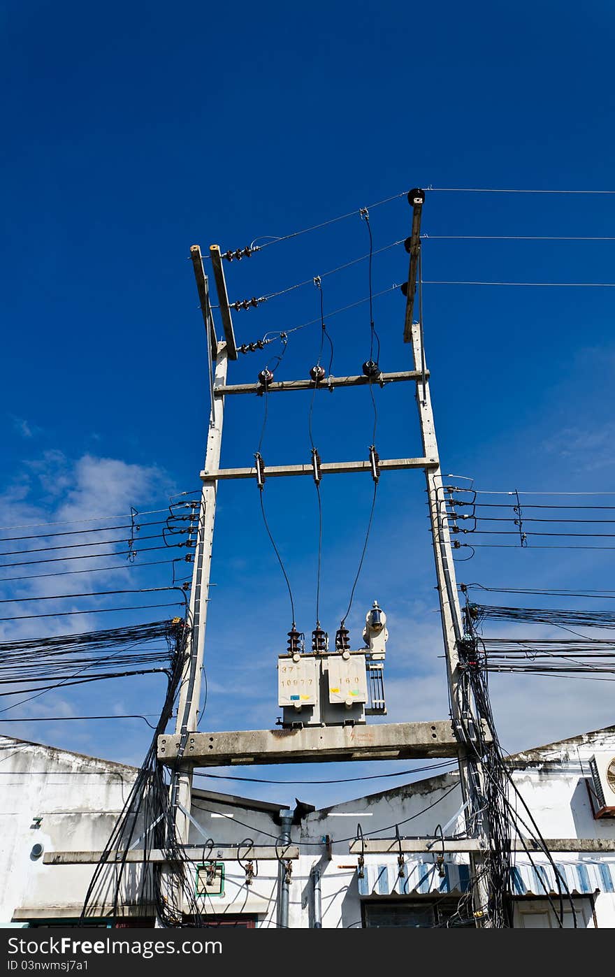 Electricity post with blue sky hua hin, thailand