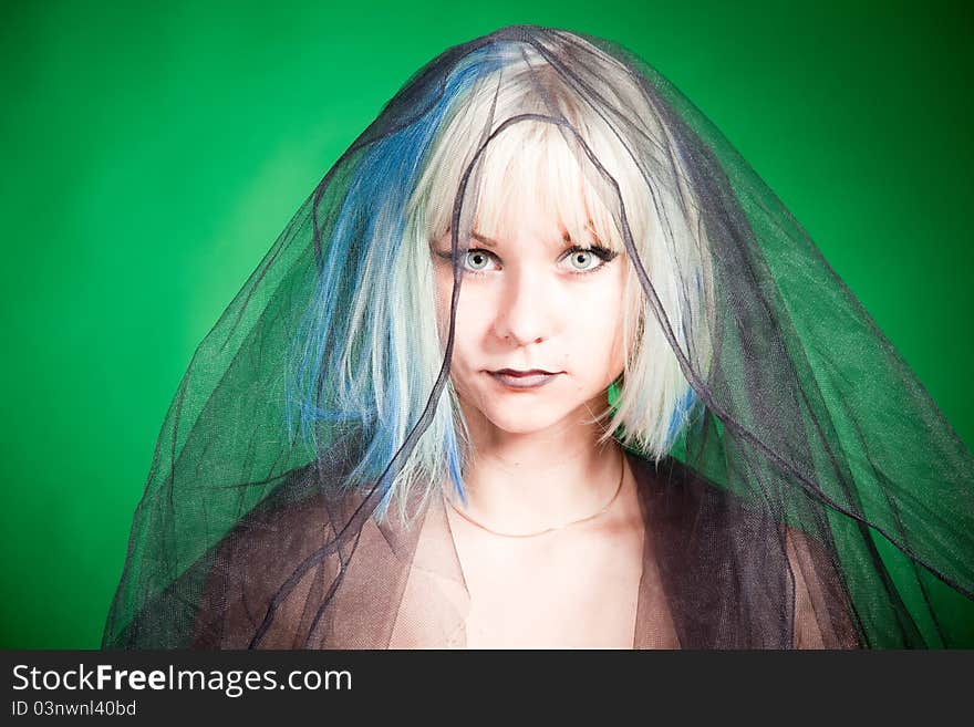 Crazy girl with multicolor hair in tulle;. Crazy girl with multicolor hair in tulle;