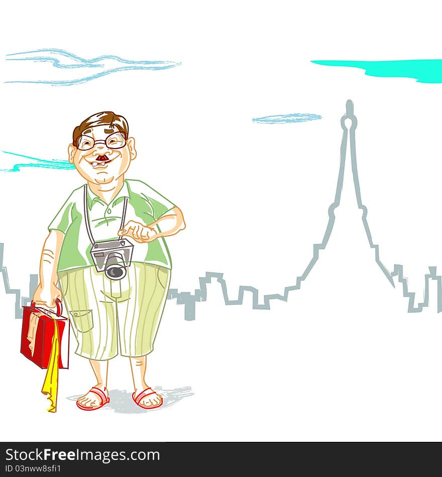 Illustration of fat tourist with luggage in front of eiffel tower