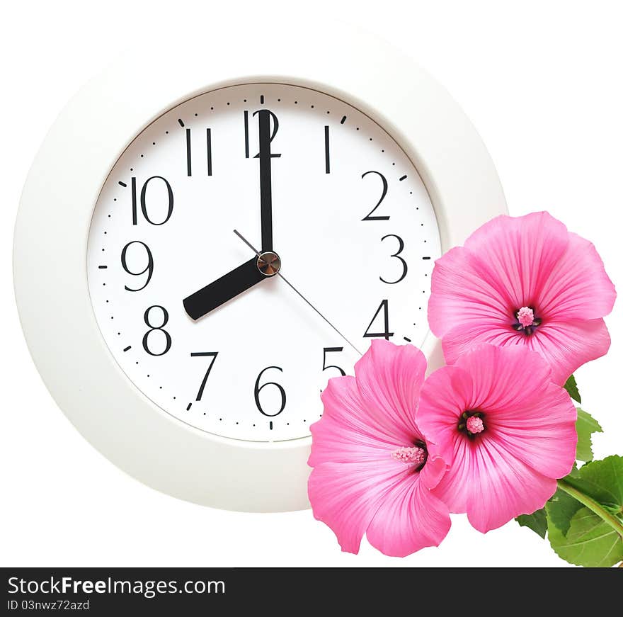 Wall clock with pink flowers on white