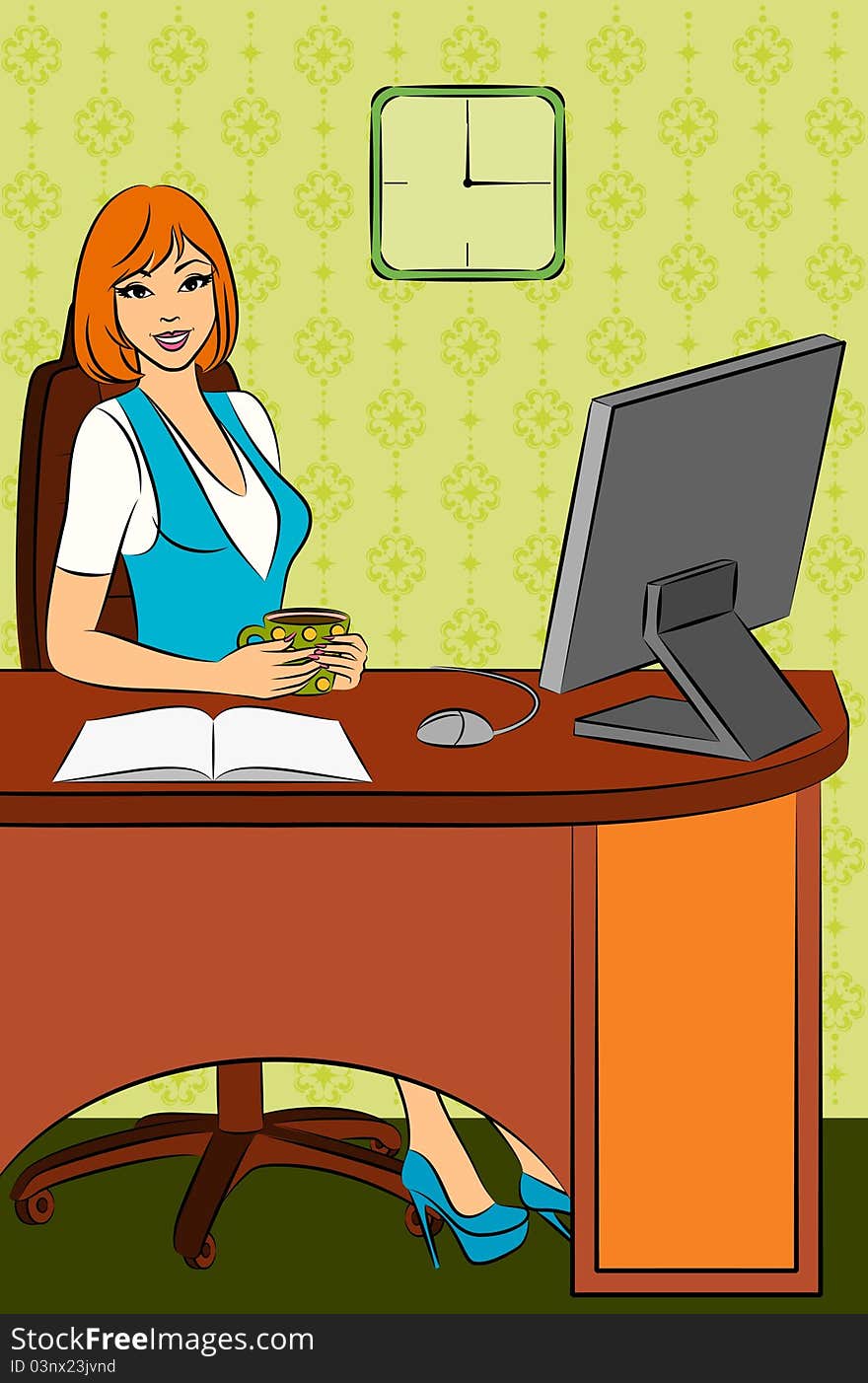 Beautiful business women sits in a chair in office.