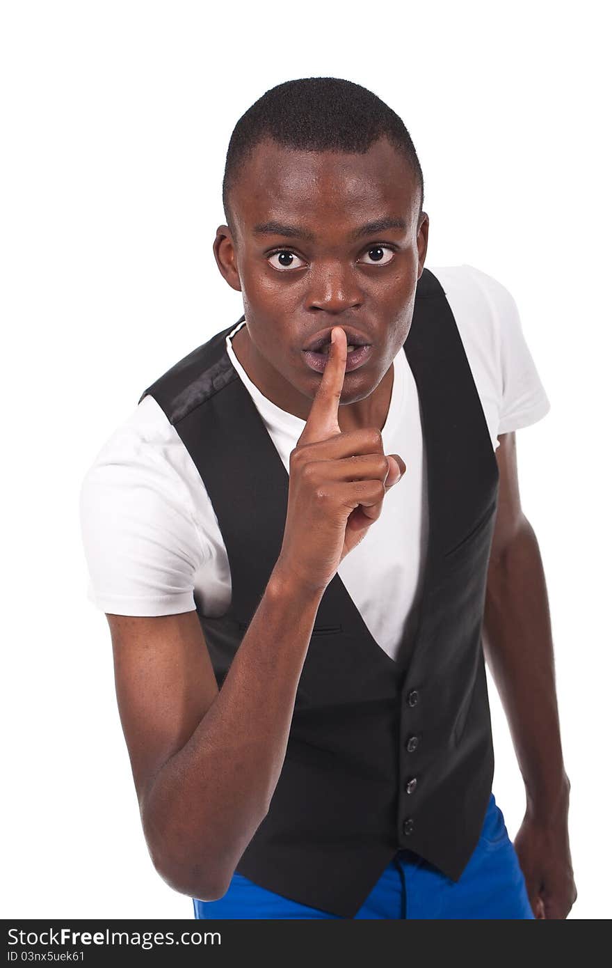 Young and beautiful black man doing silence sign