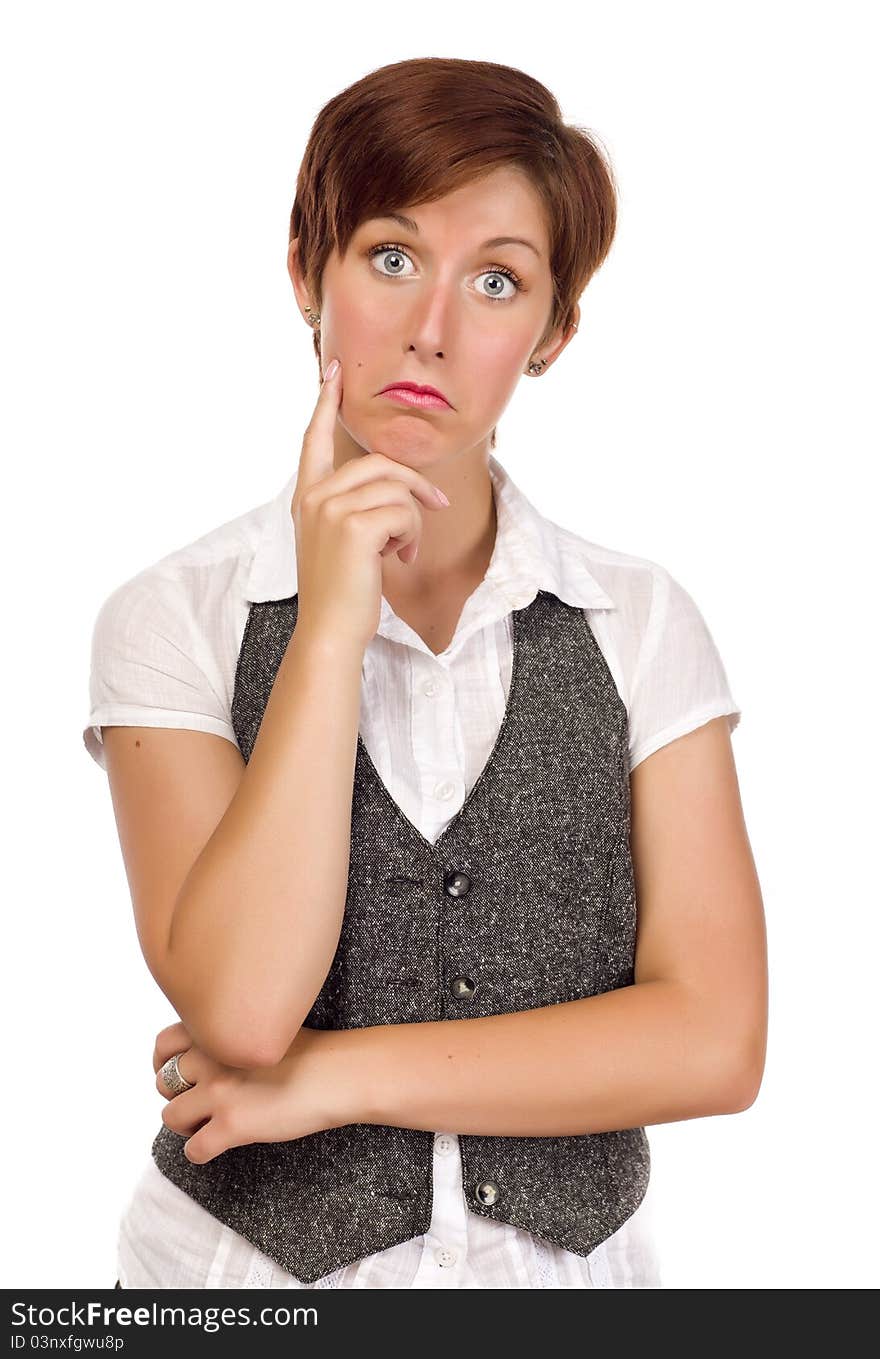 Pretty Smiling Young Adult Female with Funny Expression on a White Background. Pretty Smiling Young Adult Female with Funny Expression on a White Background.