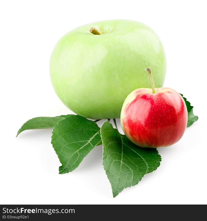 Green apple with leafs and small red apple on white background