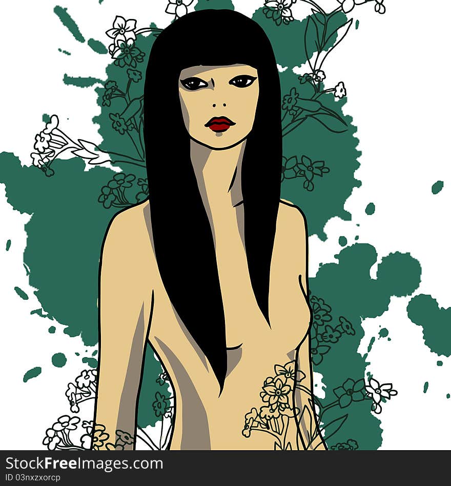 Vector nude brunette on the floral background