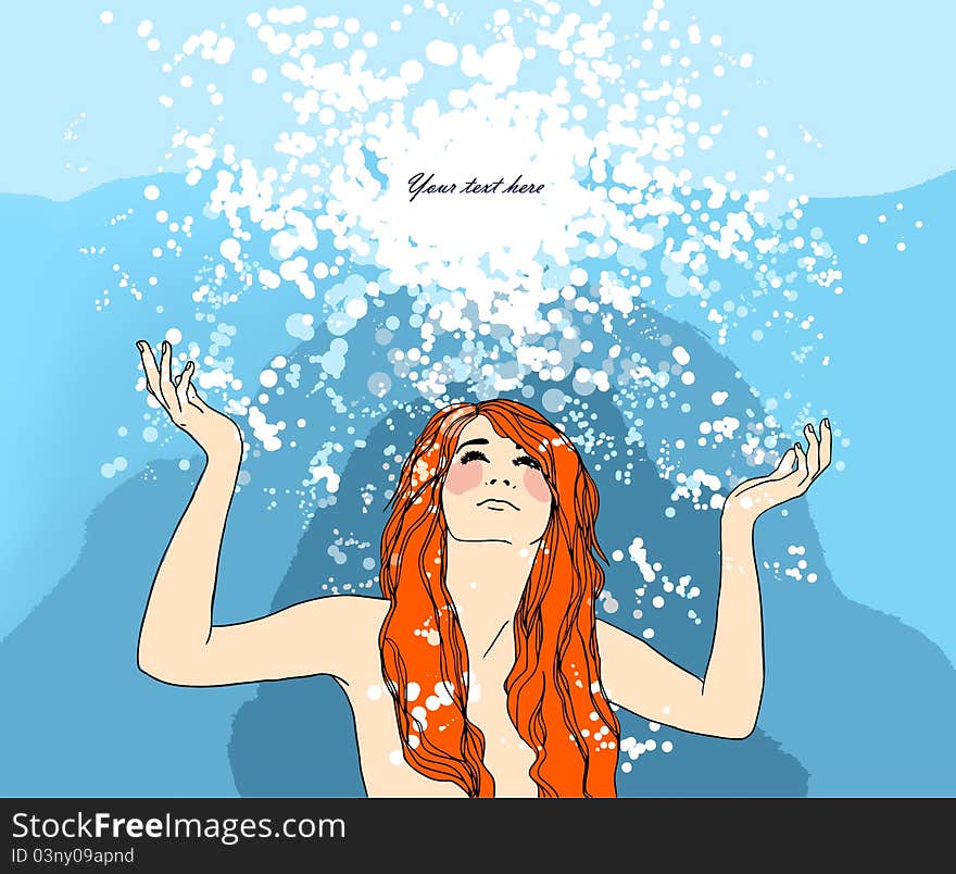 vector illustration with beatiful ginger woman, snow and place for text. vector illustration with beatiful ginger woman, snow and place for text