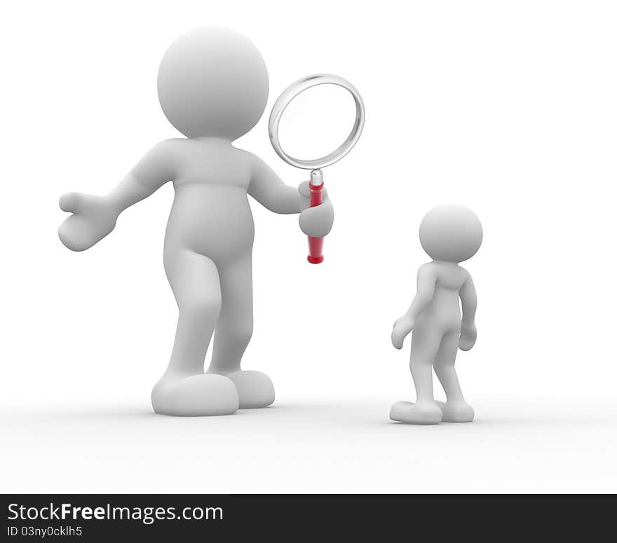 3d people- human character with magnifier glass. This is a 3d render illustration