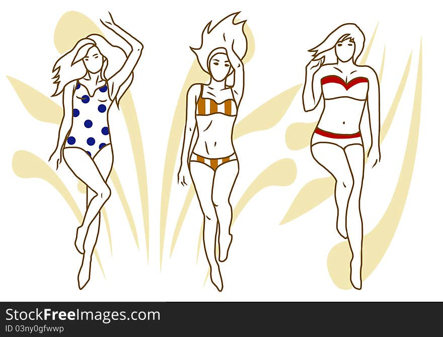 illustration with three women on swimsuits. illustration with three women on swimsuits