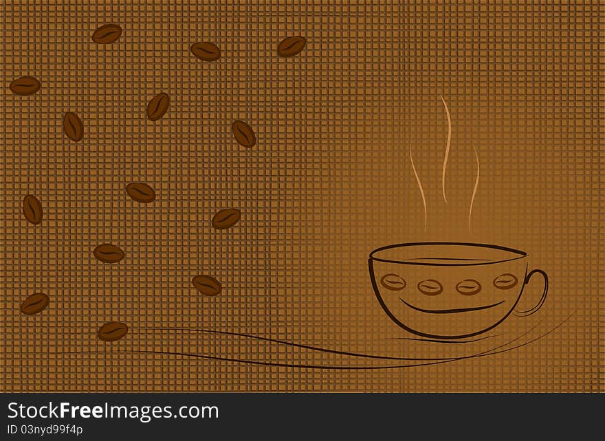 Coffee theme illustration with a hot cup of coffee, coffee beans and texture. Coffee theme illustration with a hot cup of coffee, coffee beans and texture