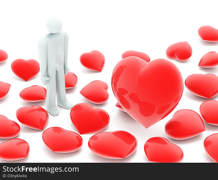 Man and many beautiful red hearts