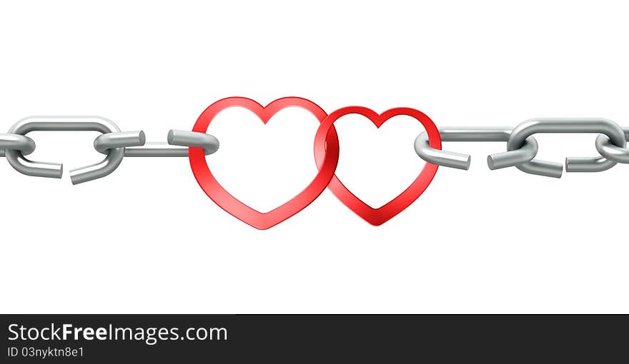 Steel chain with two joined red hearts