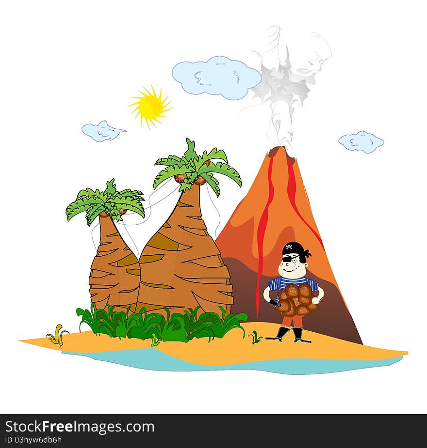 Island with a volcano and a pirate  illustration art