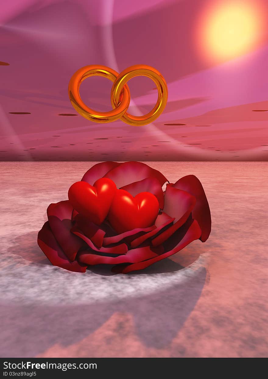 Two golden rings in the air over a red rose with two red hearts. Two golden rings in the air over a red rose with two red hearts.