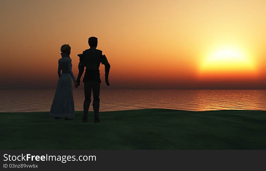 A woman and a man standing hand in hand and are looking into a fantastic sunset. A woman and a man standing hand in hand and are looking into a fantastic sunset.