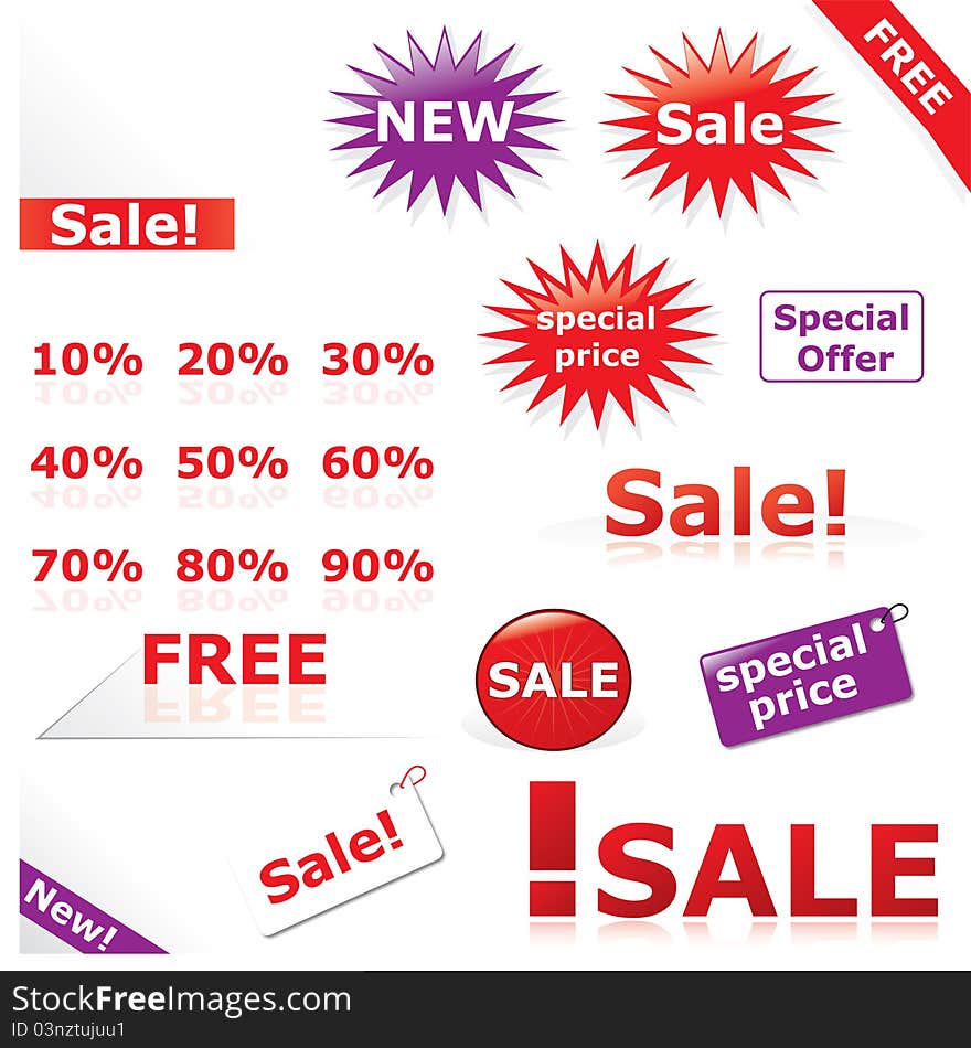 A variety of discount icons and labels for online shops against white background. A variety of discount icons and labels for online shops against white background.