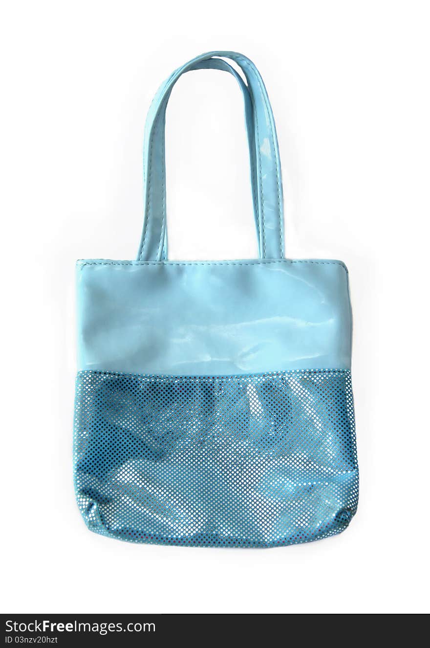 Blue bag with sequins on a white background