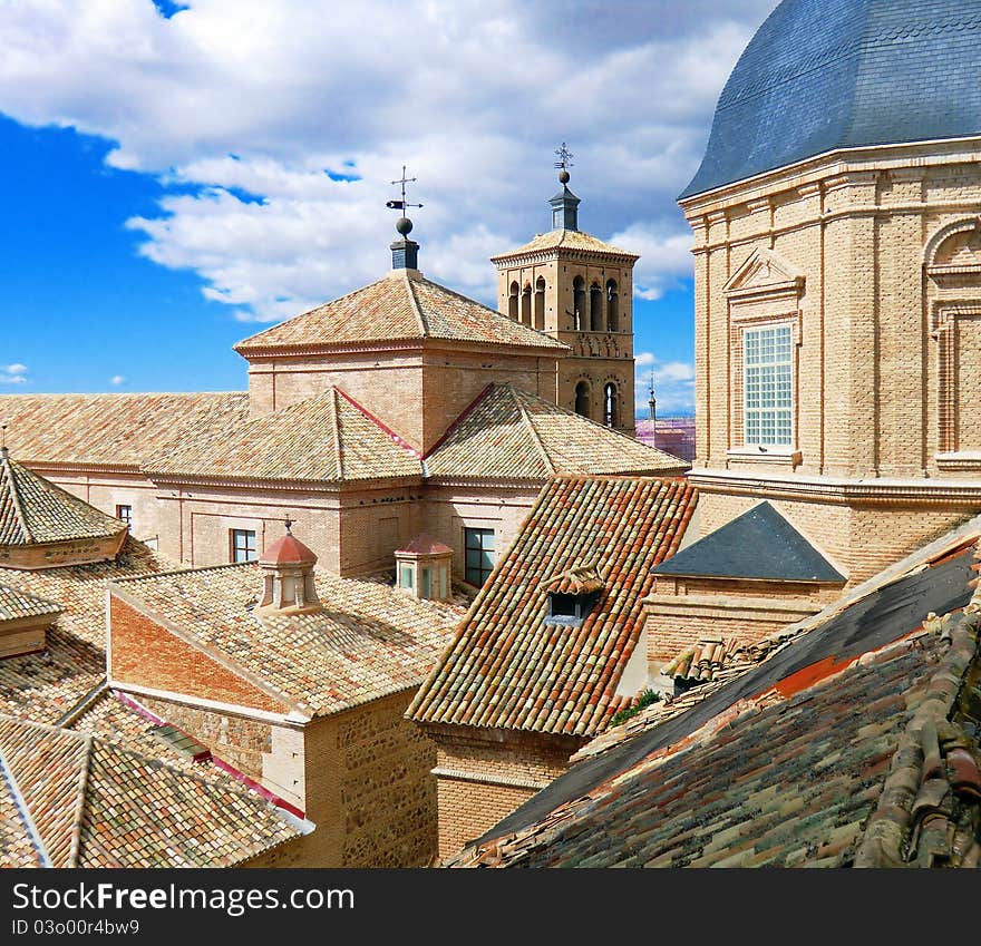 Aerial view of the Spanish city of Toledo, churches and domed roofs. Aerial view of the Spanish city of Toledo, churches and domed roofs