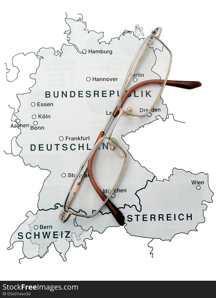 Map of the German speaking population of Europe and glasses. Map of the German speaking population of Europe and glasses